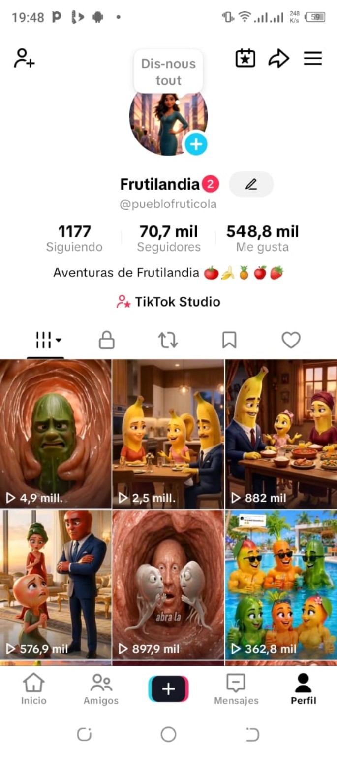 Perfil de TikTok Frutilandia con 70,7 mil seguidores y varios videos con cientos de miles o millones de visualizaciones